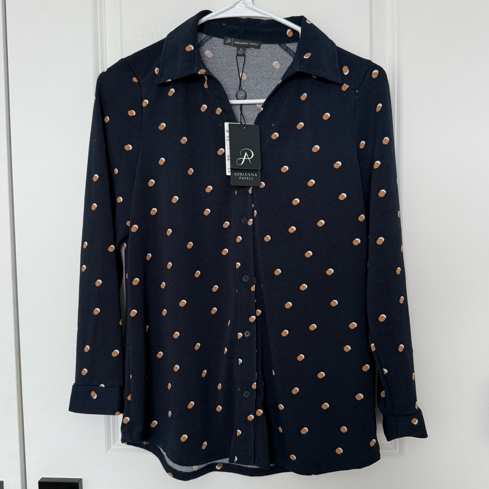 Adrianna Papell Navy Blue Double Polka Dot Blouse
